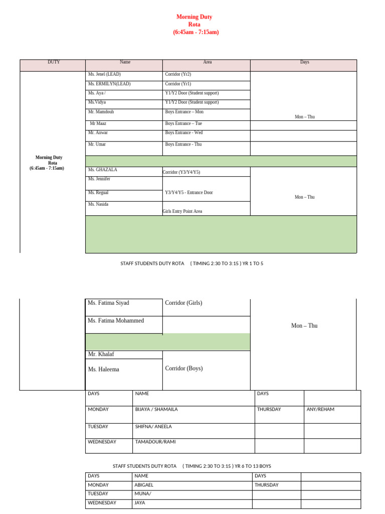 2025 Morning Duty Rota Overview | PDF