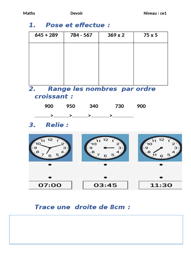 Devoir de maths CE1 : opérations et tri | PDF