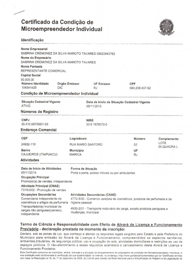 Certificado Mei Sabrina | PDF