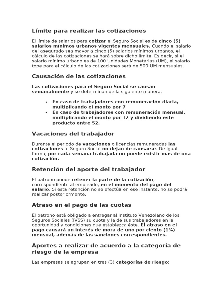 Límite y Cálculo de Cotizaciones IVSS | PDF | Salario | Salario mínimo
