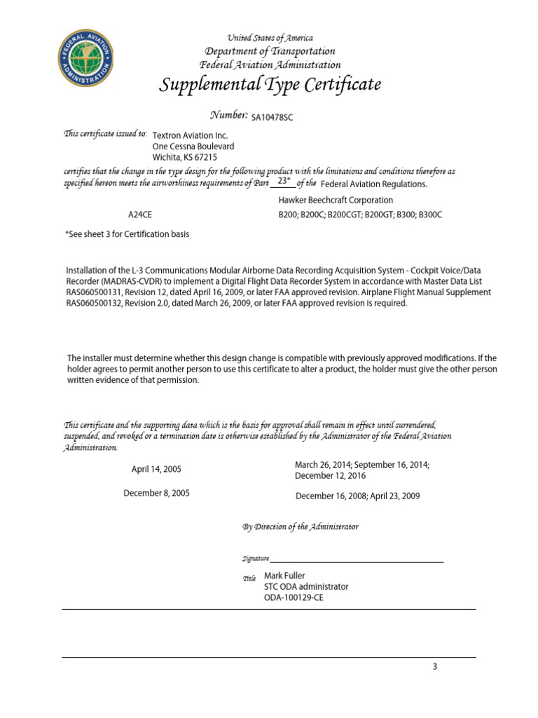 FAA Supplemental Type Certificate STC 10478SC | PDF | Federal Aviation ...