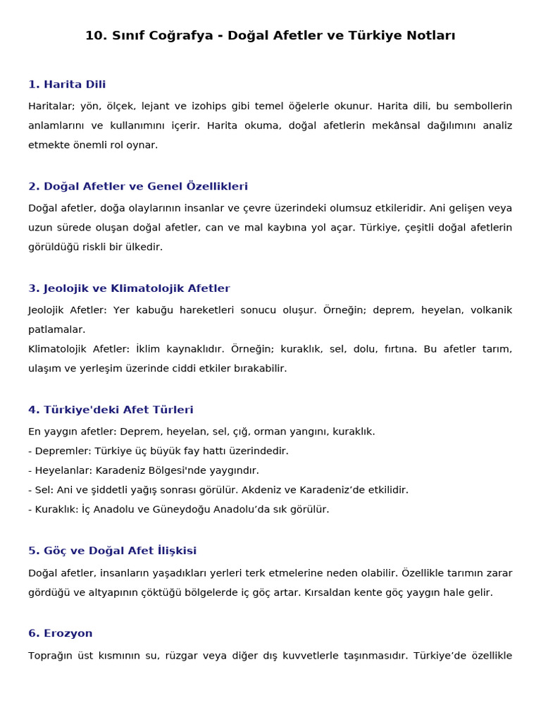 10 Sinif Cografya Dogal Afetler Notlari | PDF