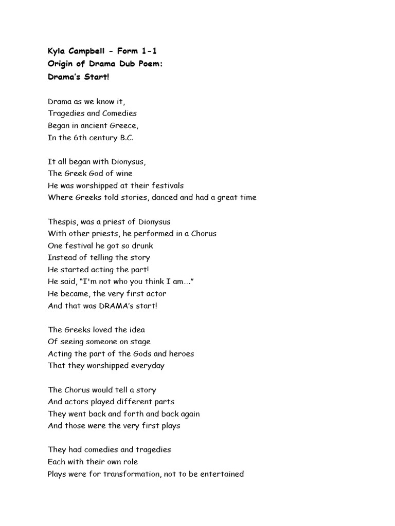 Origin of Drama (Dub Poem) - Kyla Campbell (Form 1-1) | PDF