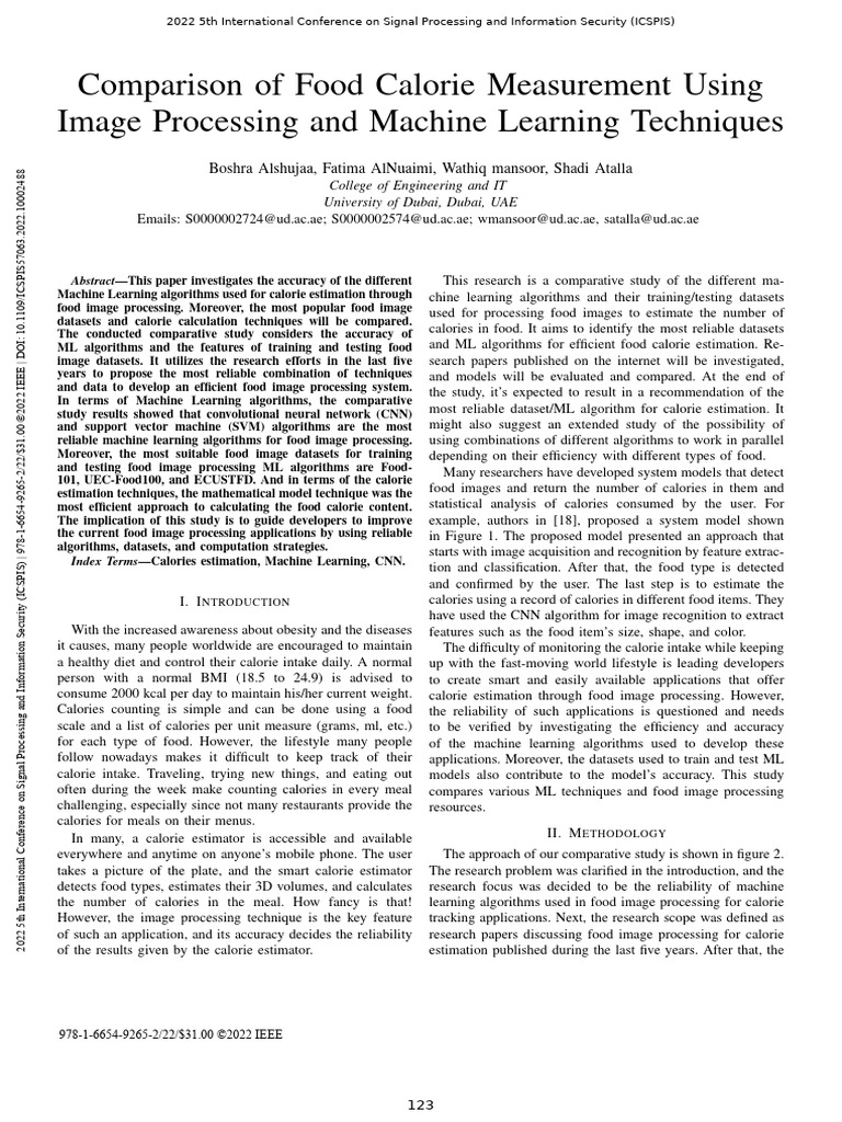 Food Calorie Estimation via ML Techniques | PDF | Machine Learning ...