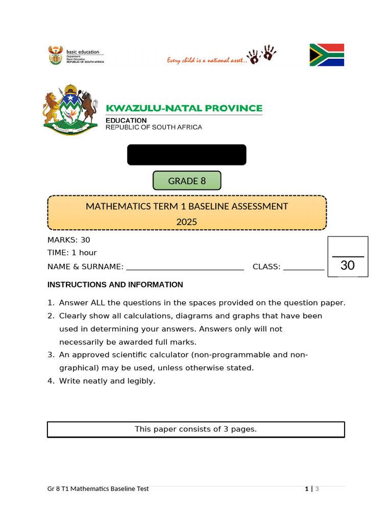 Grade 8 Maths Baseline Assessment 2025 | PDF