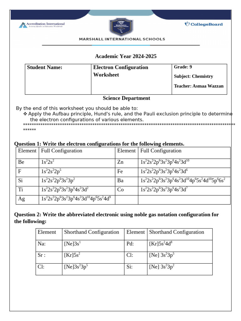 Grade 9 Electron Configuration Worksheet | PDF | Electron Configuration ...