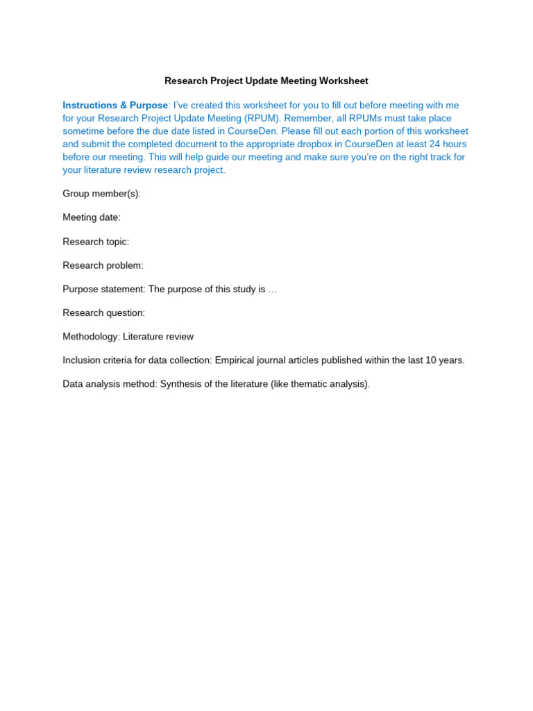 Research Project Update Meeting Worksheet | PDF