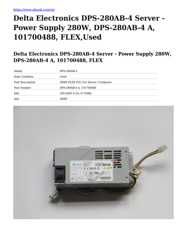 Delta Electronics DPS-280AB-4 Server - Power Supply 280W, DPS-280AB-4 A ...