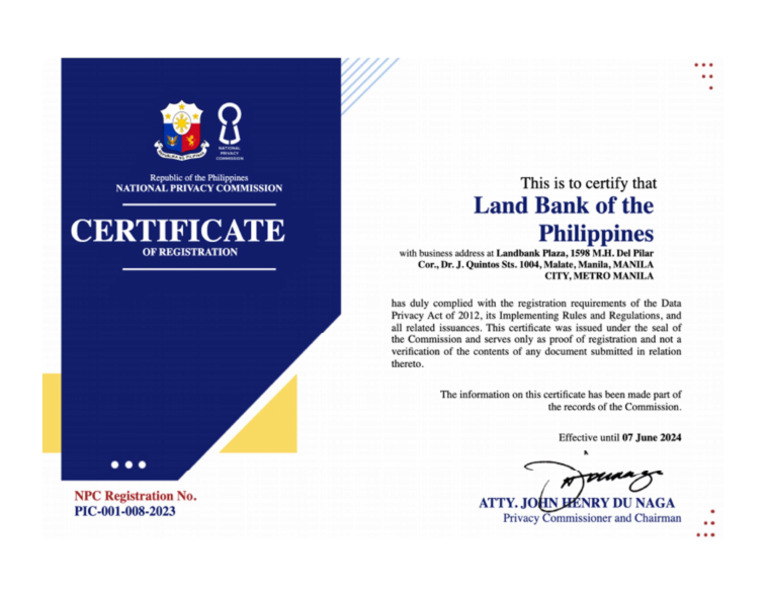 Landbank - NPC Certificate of Registration With (June 2023) | PDF