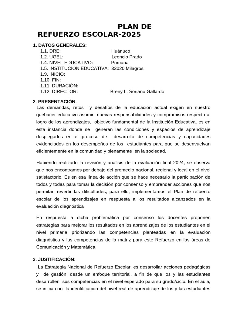 Plan de Refuerzo Escolar 2025 | PDF | Evaluación | Educación primaria