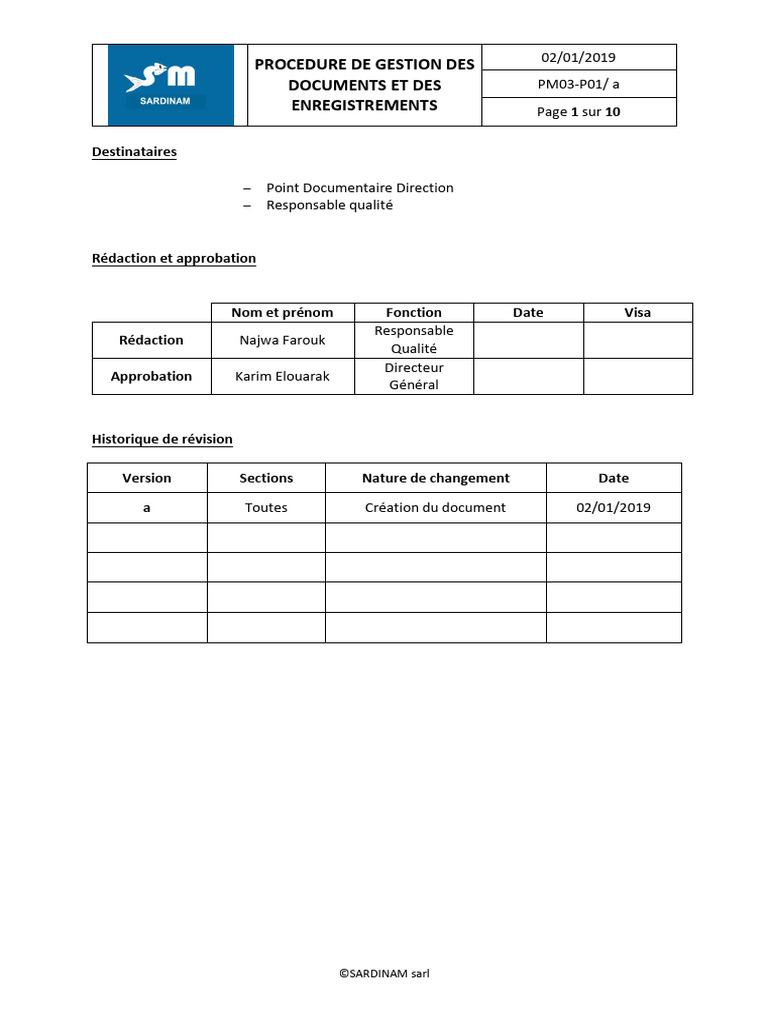 Gestion Des Documents Qualit SARDINAM PDF Syst me De Management De 