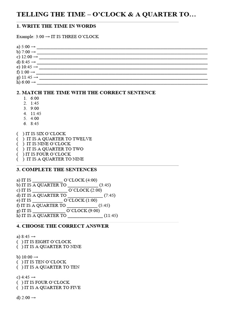 Telling Time: O'Clock & Quarter Exercises | PDF