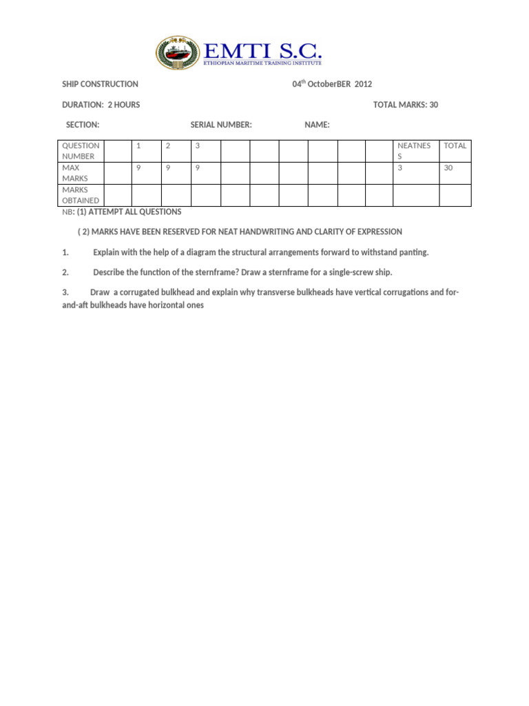 Ship Construction Exam Questions Guide | PDF
