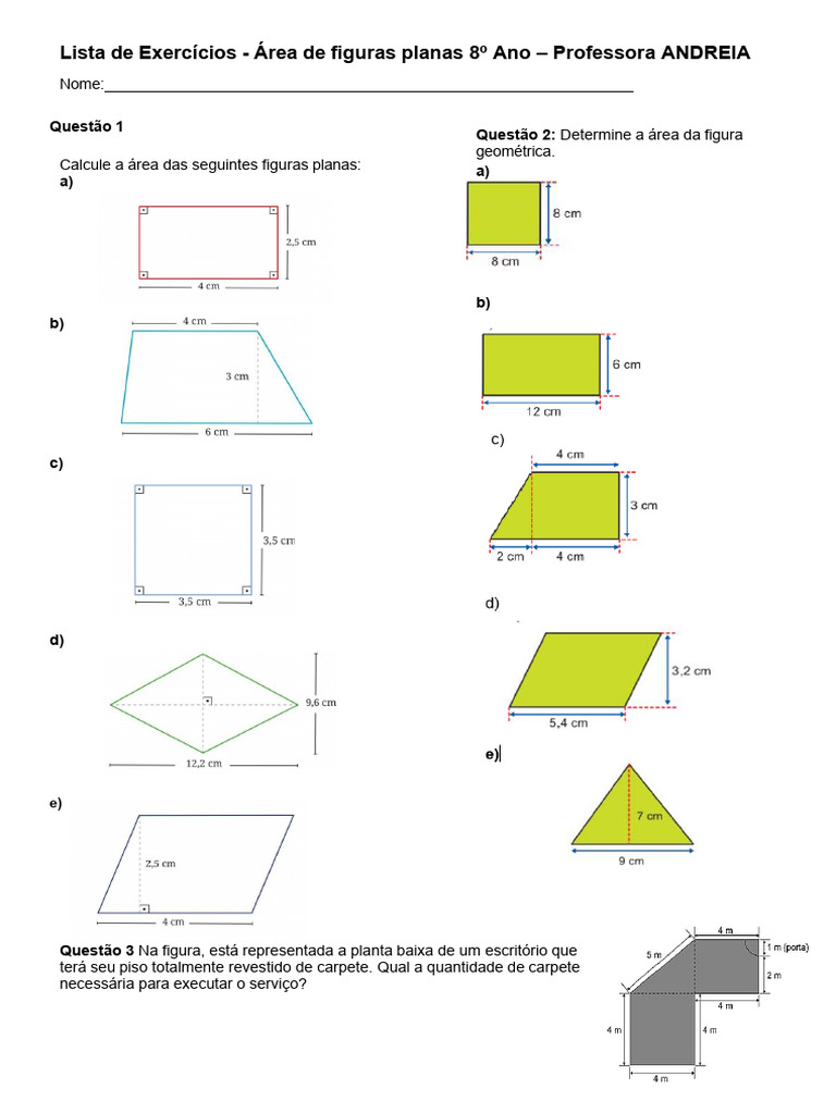Exercícios de Área - Figuras Planas 8º Ano | PDF