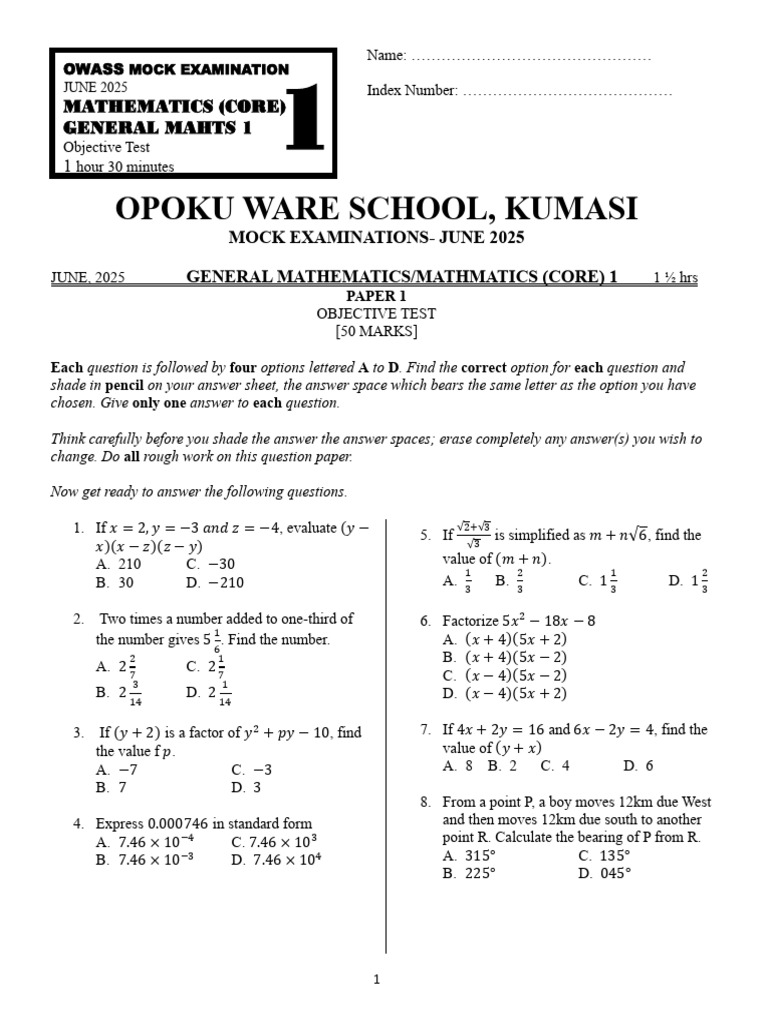 2025 WASSCE Core Maths Mock Exam | PDF | Mathematics