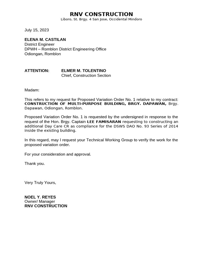 Request for Variation Order No. 1 | PDF