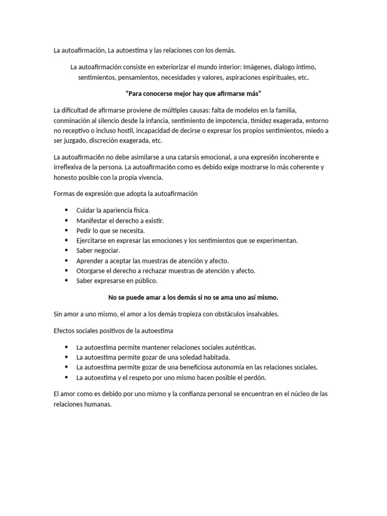 La Autoafirmación, La Autoestima y Las Relaciones Con Los Demas | PDF