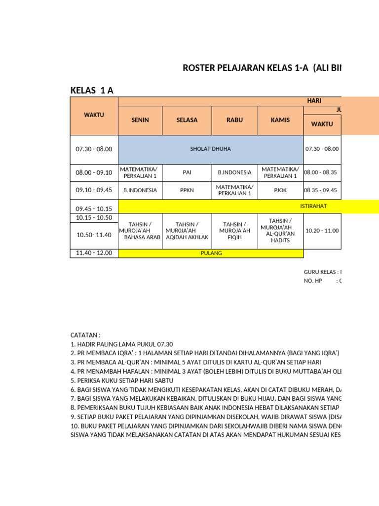 Roster Pelajaran Kelas 1 Sekolah | PDF