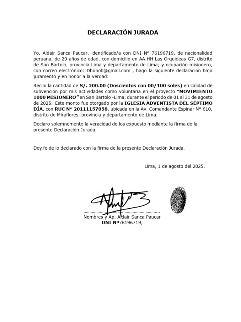 Declaración Jurada de Agosto 2025 | PDF