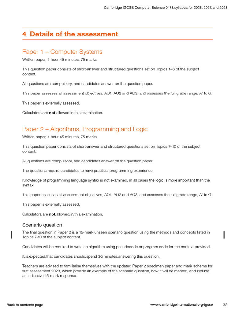 Cambridge IGCSE 0478 Computer Science Syllabus For Examination in 2026 ...
