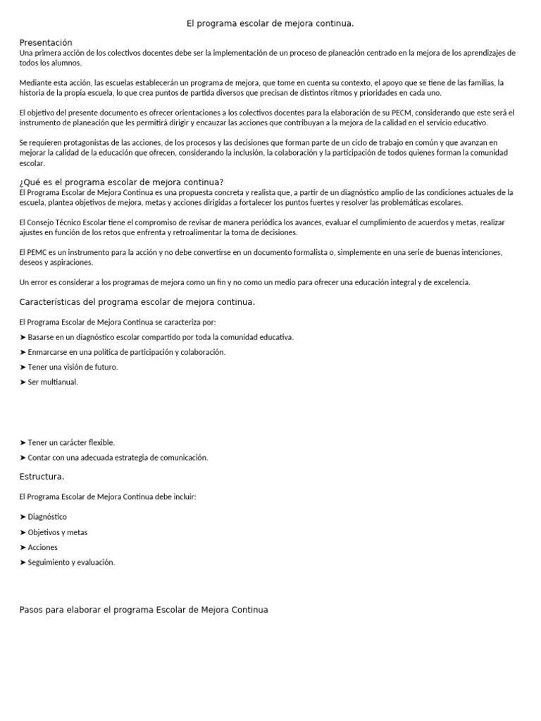 Programa Escolar de Mejora Continua | PDF | Enseñando | Maestros
