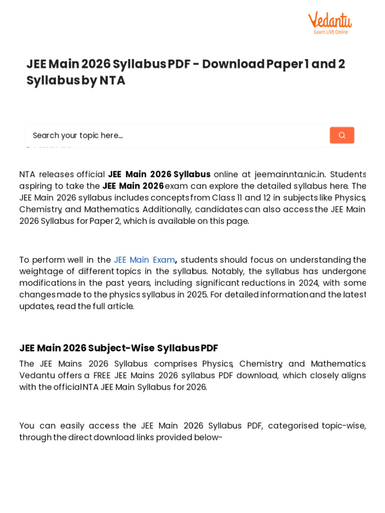 JEE Main 2026 Syllabus PDF - Download Paper 1 and 2 Syllabus by NTA | PDF