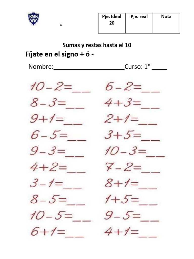 Sumas y Restas Hasta El 10 Evaluación Adaptada | PDF