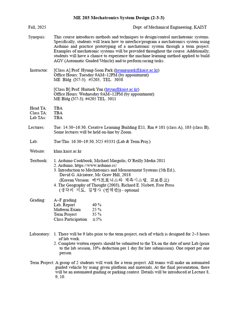 Mechatronics System Design Course Fall 2025 | PDF | Computer ...