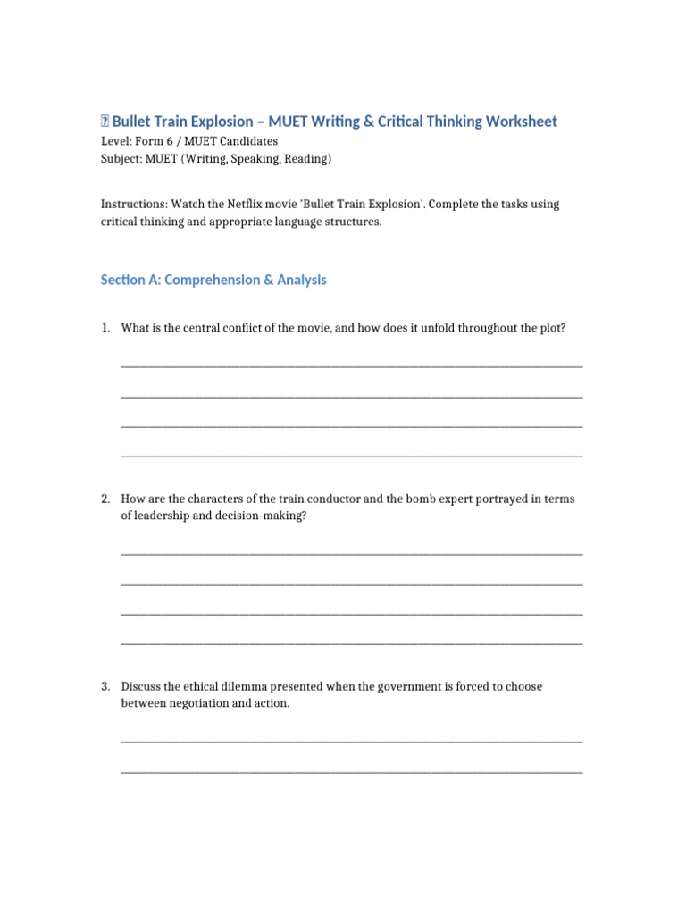 Bullet Train Explosion MUET Worksheet | PDF | Critical Thinking