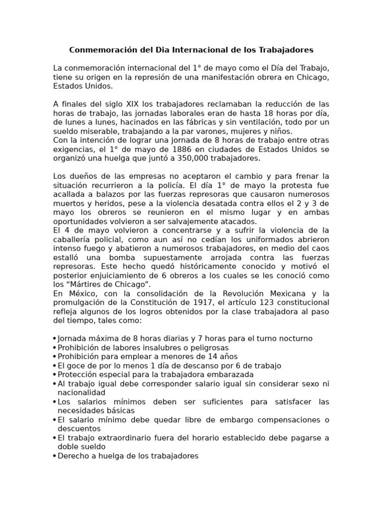 Conmemoración Del Dia Internacional de Los Trabajadores | PDF | Salario ...