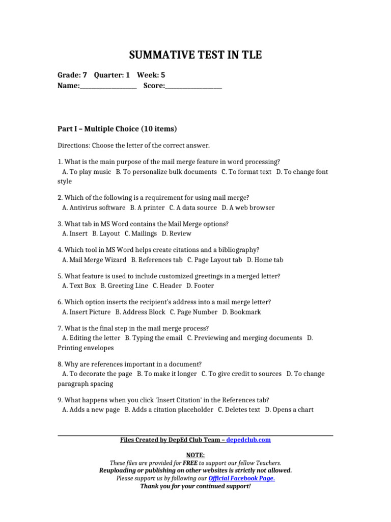 Summ - Test Tle 7 Q1 W5 | PDF | Microsoft Word | Citation