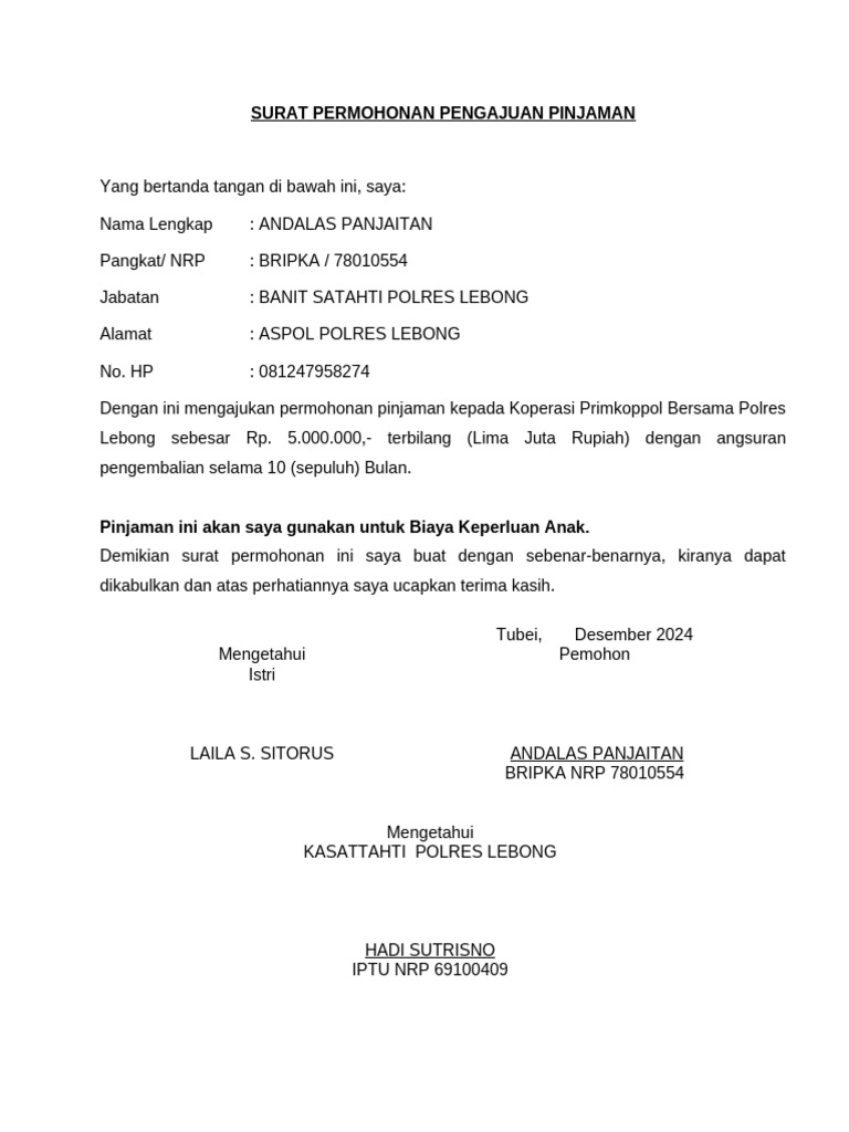 Permohonan Pinjaman Rp5 Juta Polres Lebong | PDF