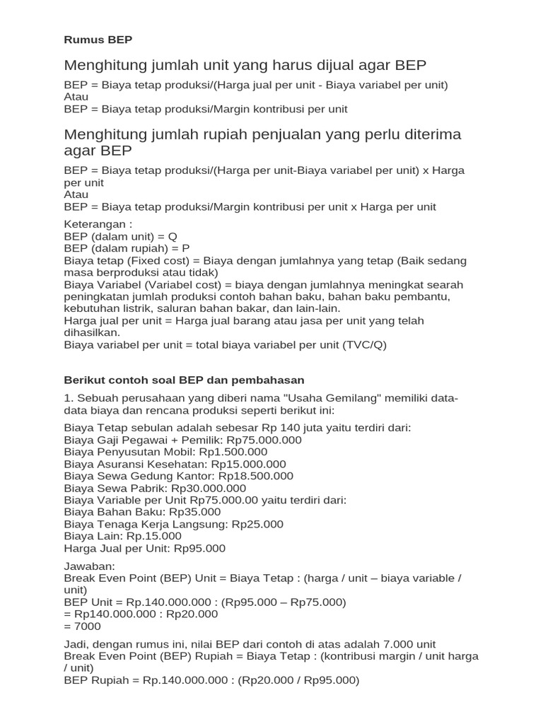 Rumus dan Contoh BEP dalam Produksi | PDF