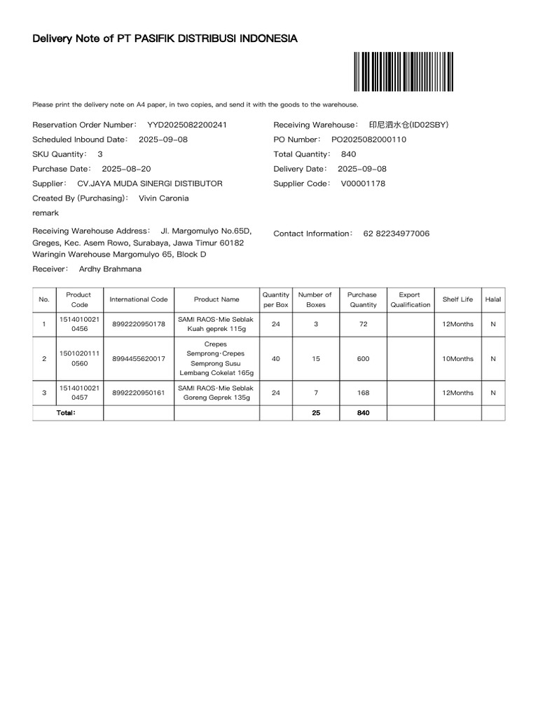 DeliveryNote PO2025082000110 | PDF