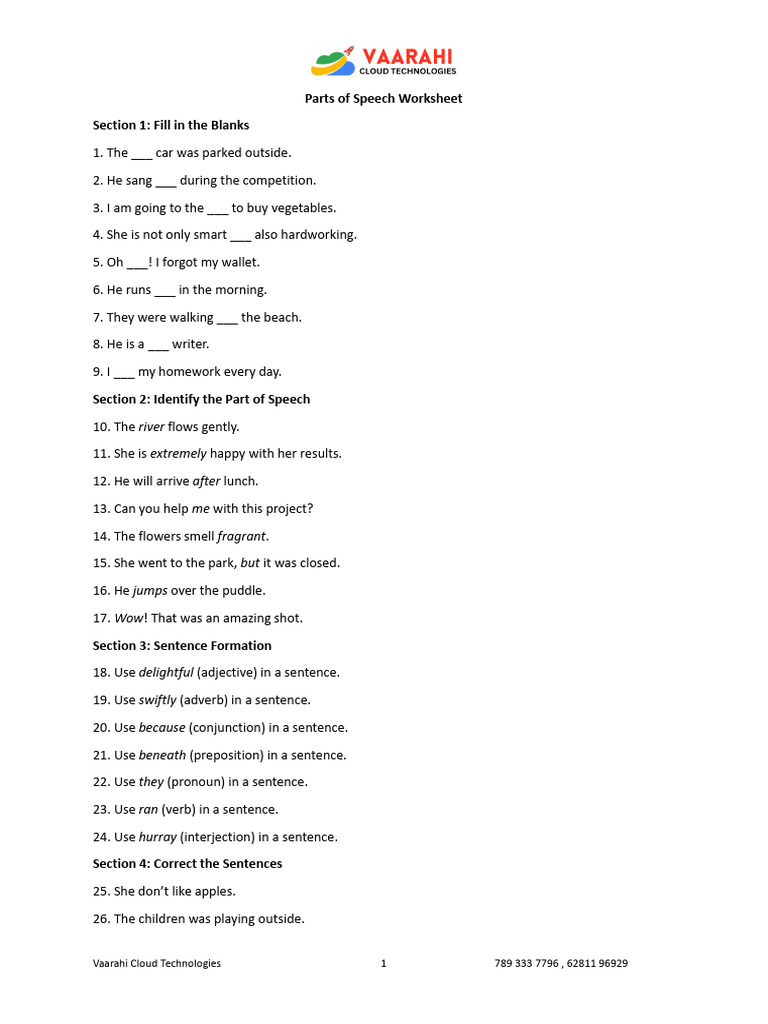 Parts of Speech Worksheet Guide | PDF | Part Of Speech | Adverb