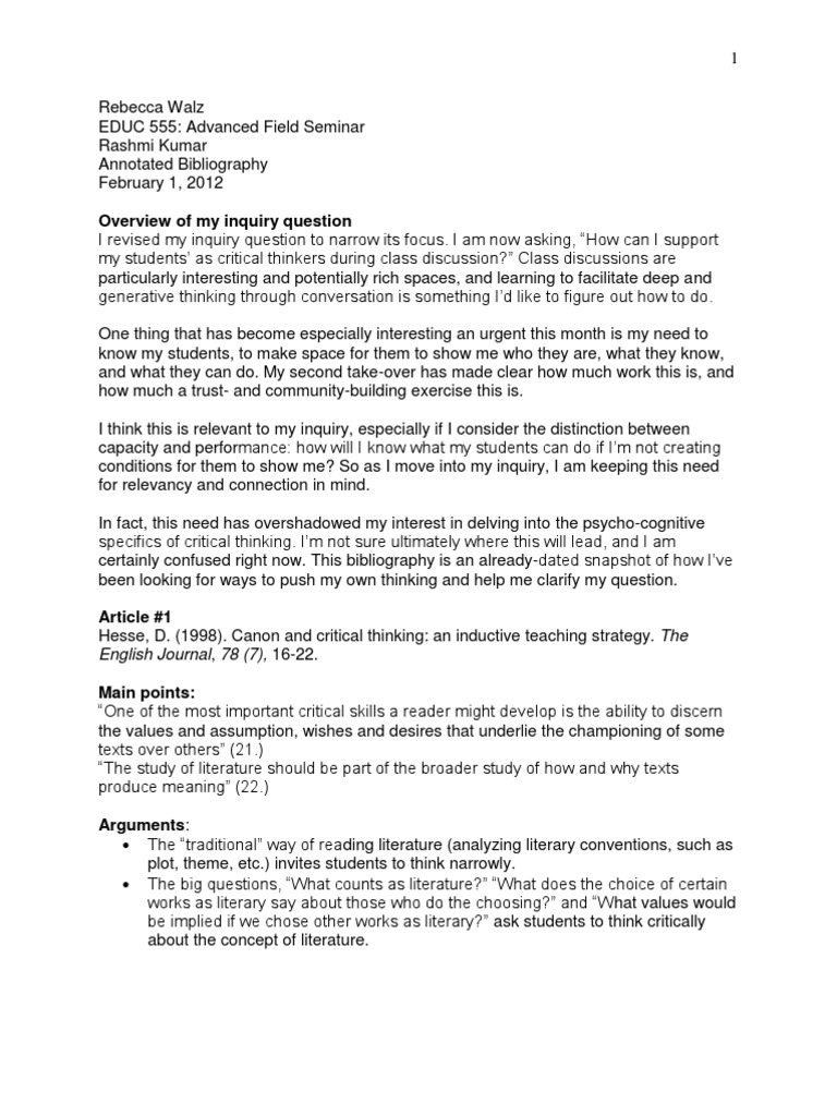 Critical Thinking Annotated Bibliography  emr.ac.uk