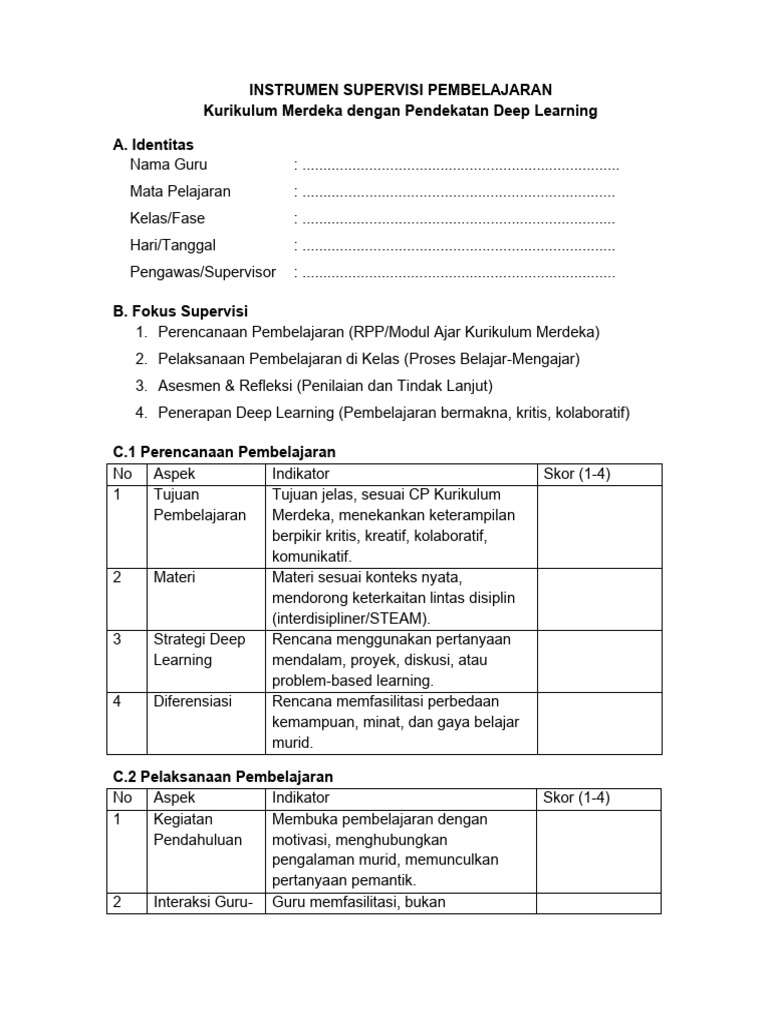 Instrumen Supervisi Deep Learning 2025 | PDF