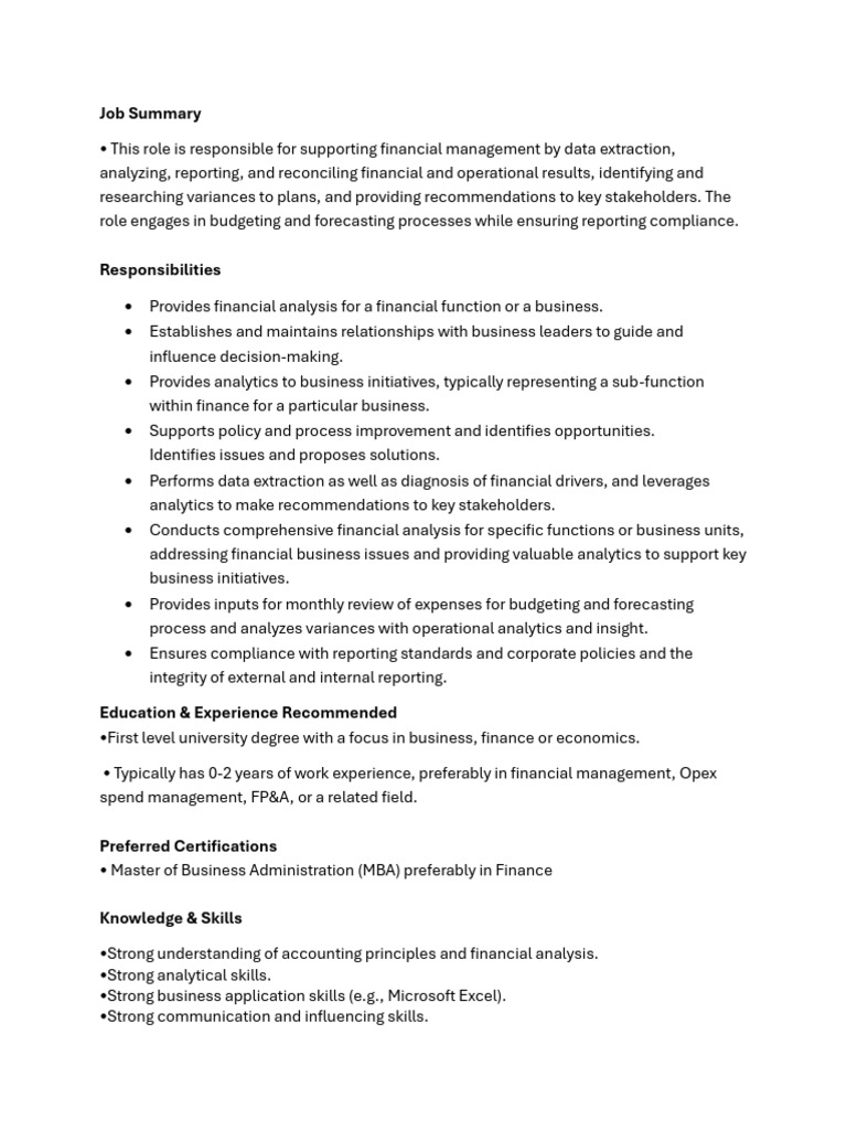 Job Description Financial Analyst 1 Grad Hire CO Finance (1) - 1 | PDF ...