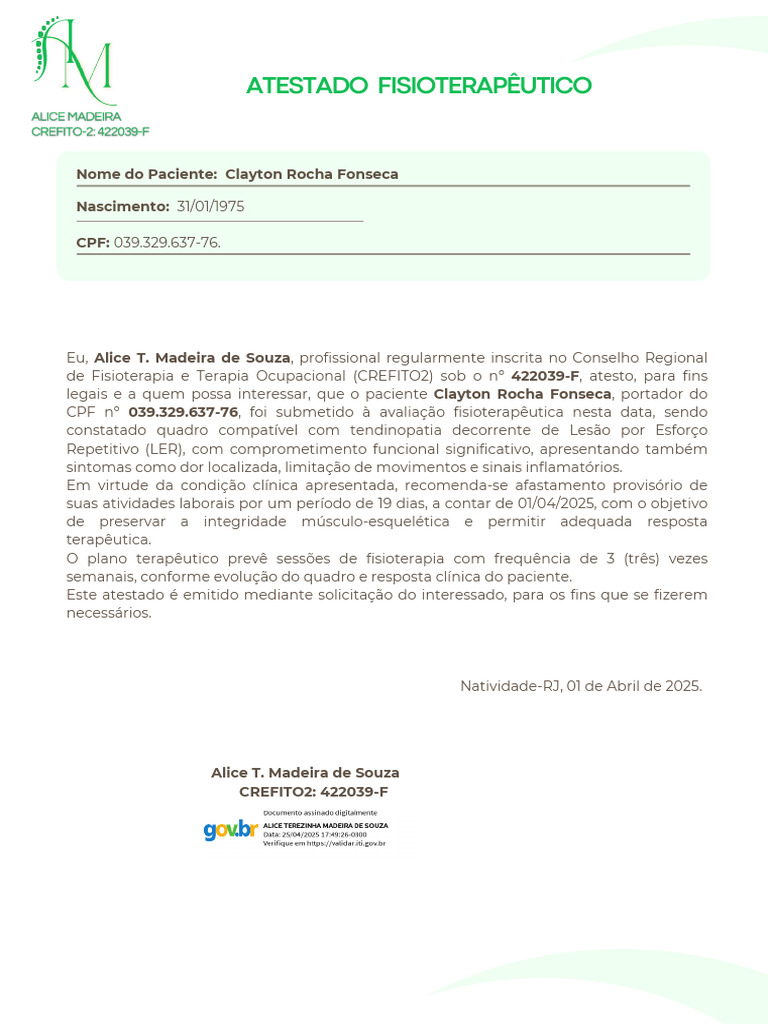 Atestado Fisioterapêutico para LER | PDF
