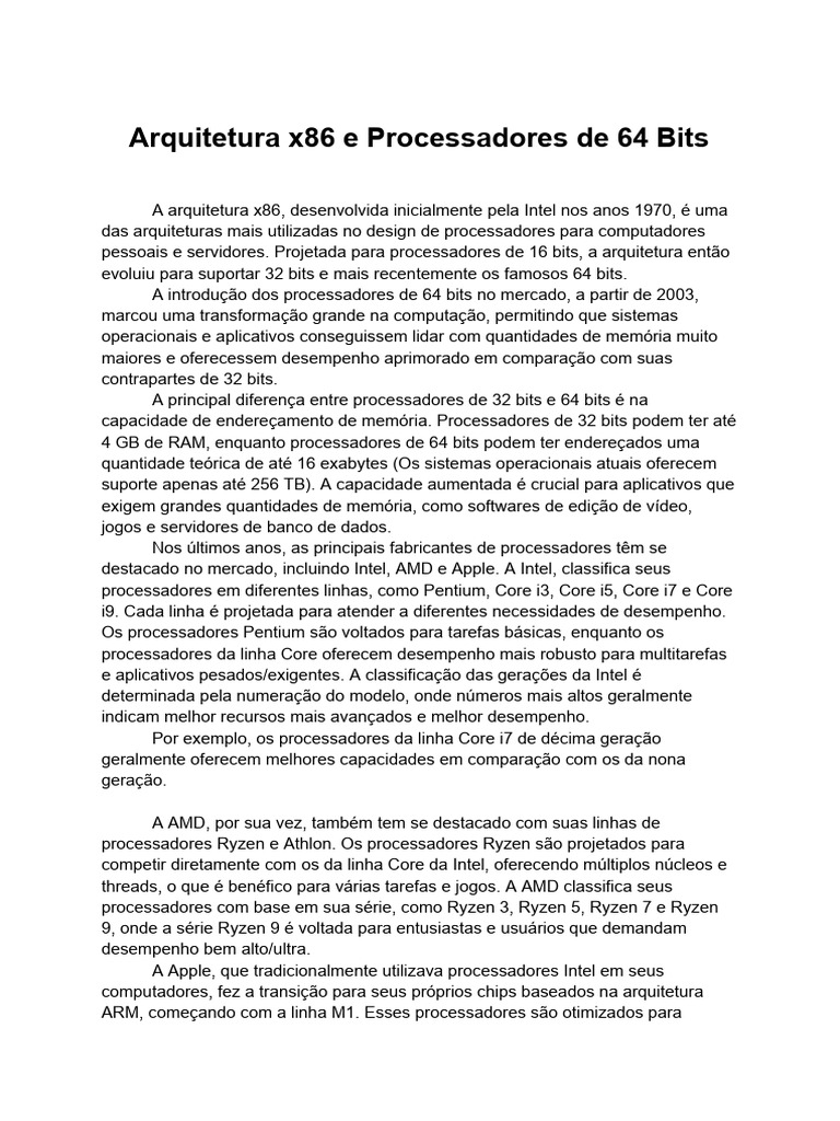 Arquitetura x86 e Processadores 64 Bits | PDF | Microprocessador ...