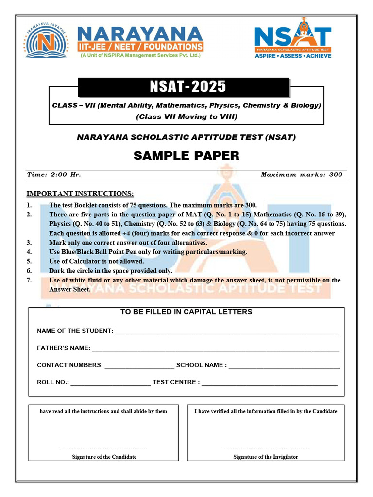 NSAT 2025 Class 7 Sample Paper | PDF
