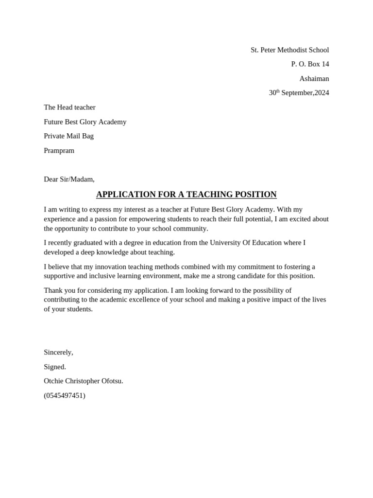 Teaching Position Application Letter | PDF