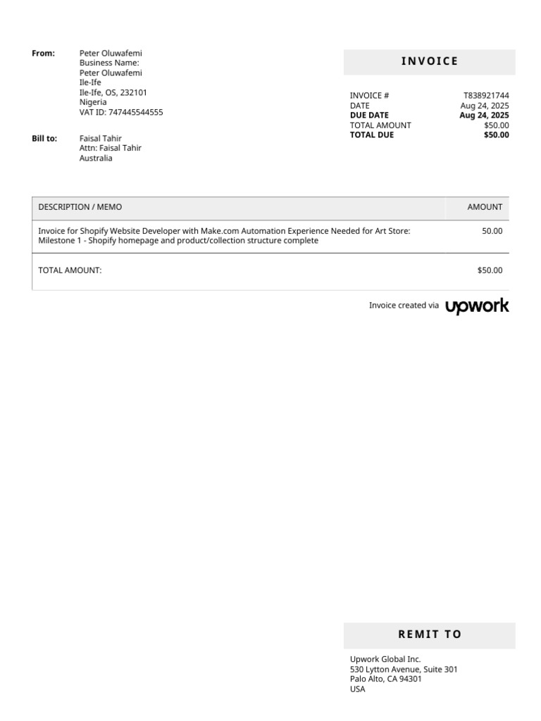 Invoice for Shopify Development Services | PDF