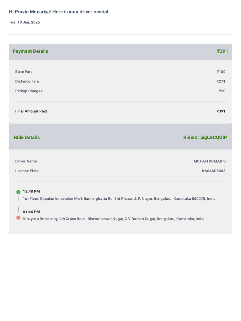 Driver Receipt for Pravin Menariya | PDF
