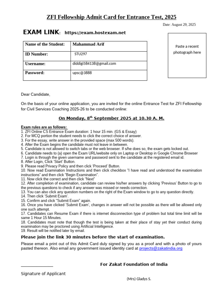 Mahammad Arif - Admit Card - ZFI Entrance Test 2025 | PDF