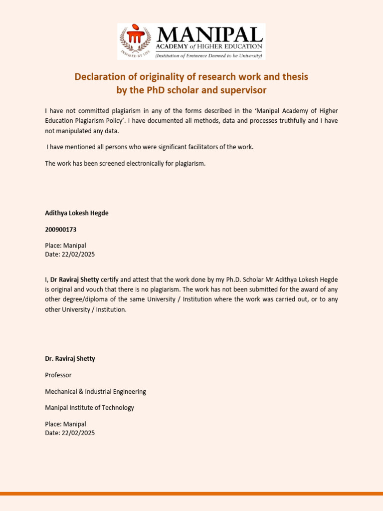 Declaration of Originality for PhD Thesis | PDF