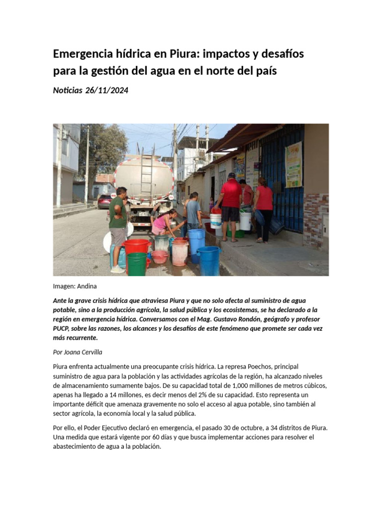 Crisis hídrica en Piura: retos y soluciones | PDF | Agua | Escasez de agua