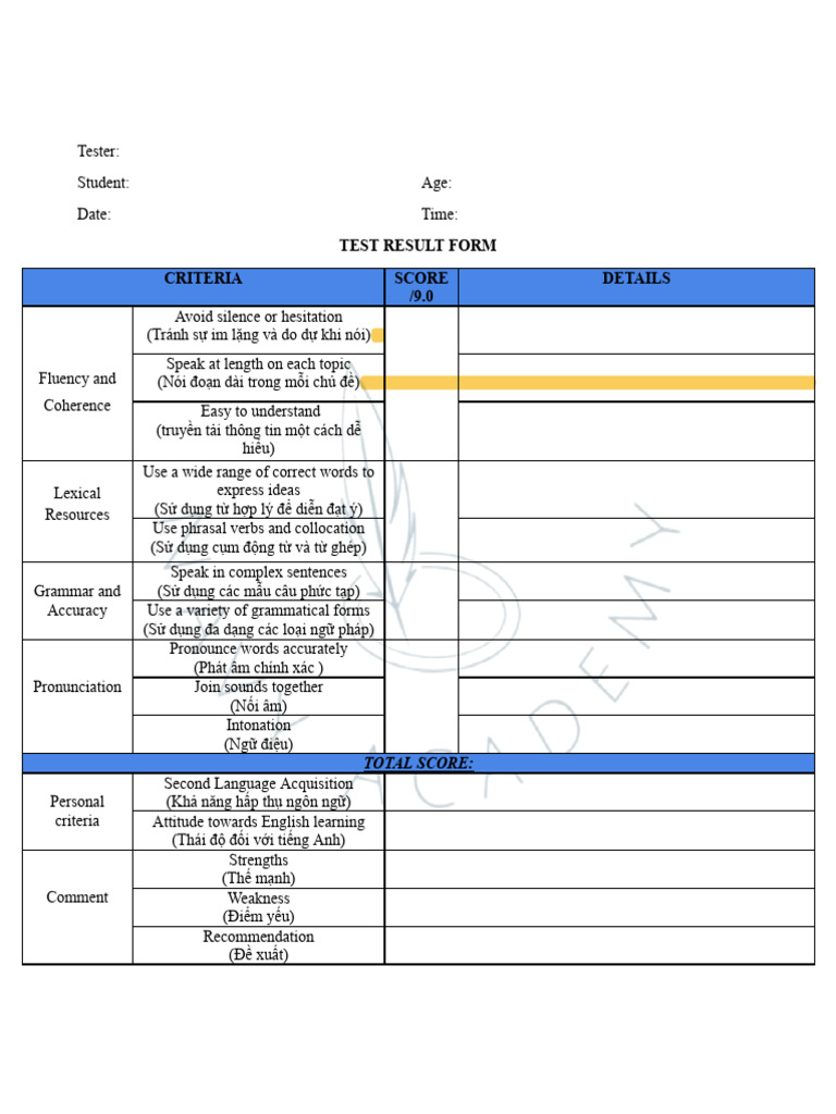 (NV) Evaluation Test Result Form | PDF