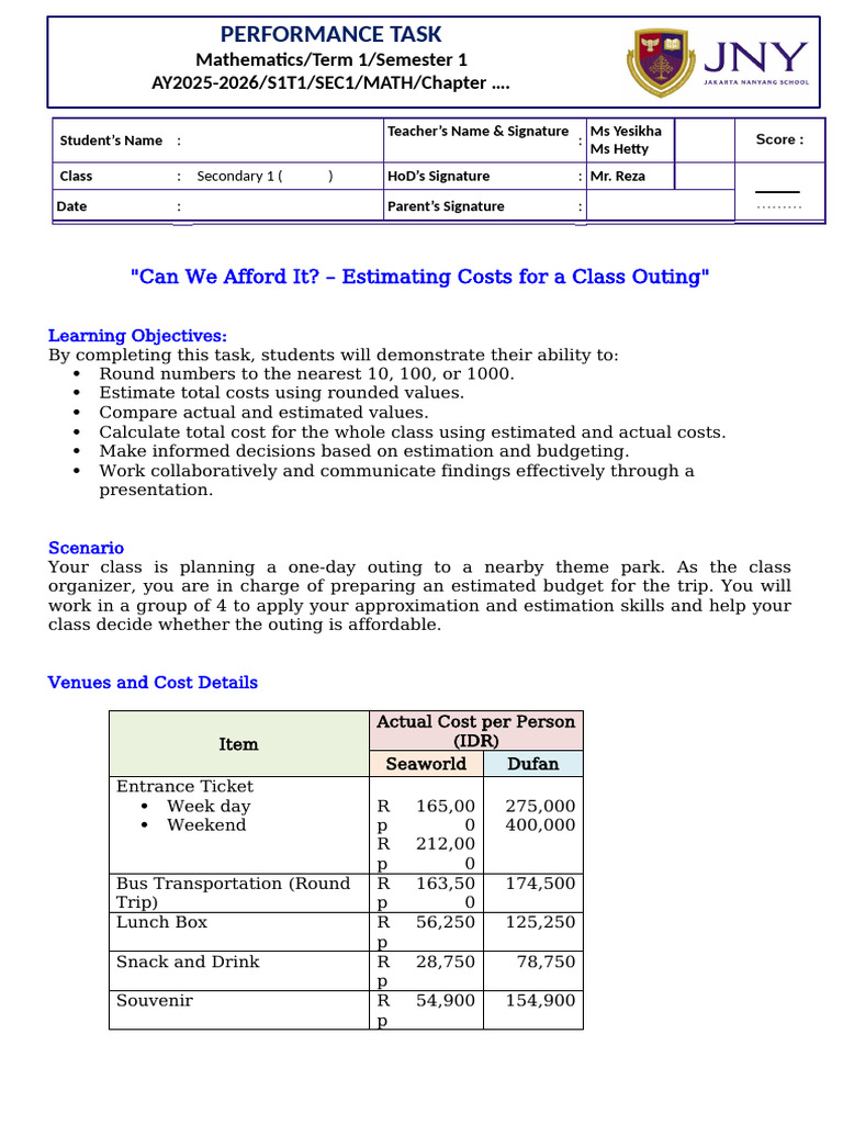 Class Outing Cost Estimation Task | PDF | Estimation