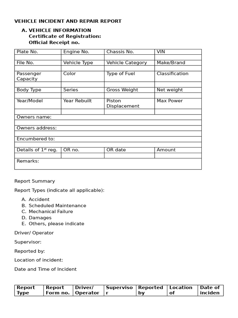 Vehicle Incident & Repair Report Form | PDF | Traffic Collision | Vehicles